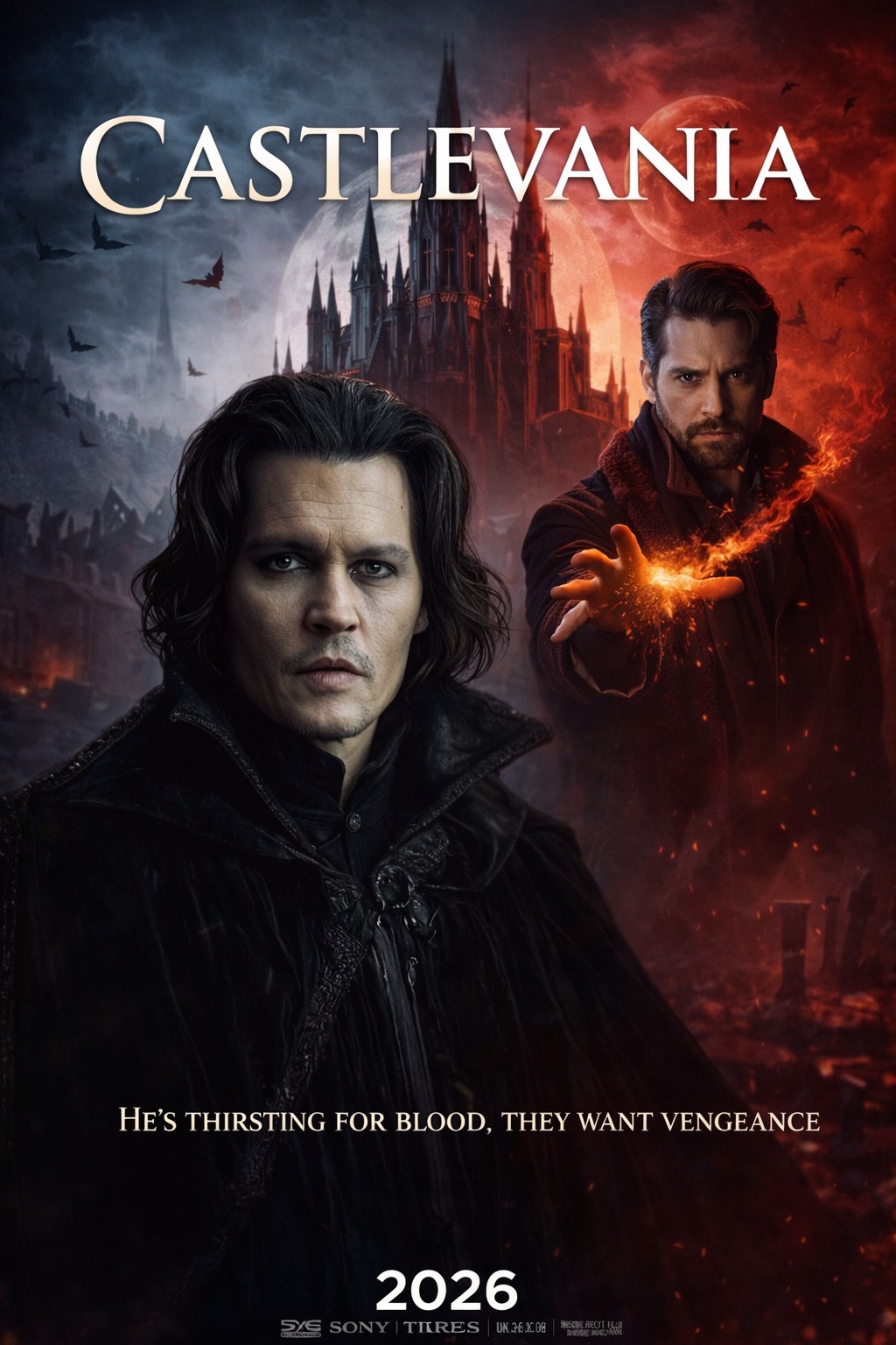 CASTLEVANIA MOVIE!!! JOHNNY DEPP!!! In a world shrouded in darkness, Castlevania unleashes Johnny Depp as Trevor Belmont, the rugged, whip-wielding vampire hunter from the original tale, battling bloodthirsty fiends with unrelenting fury. Directed by the explosive visionary McG, this gothic thriller plunges you into a heart-pounding clash of good versus evil, where every strike drips with danger and destiny. Prepare for a relentless ride through a haunting realm of castles, curses, and crimson vengeance—coming this October to cinemas!